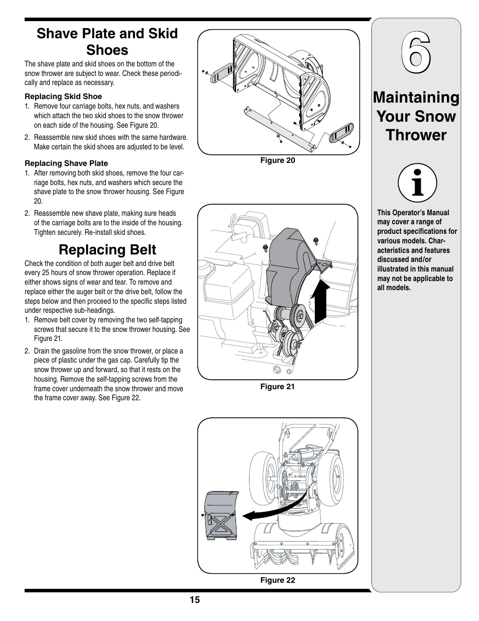 Maintaining your snow thrower, Shave plate and skid shoes, Replacing belt | Cub Cadet SWE 528 User Manual | Page 15 / 28