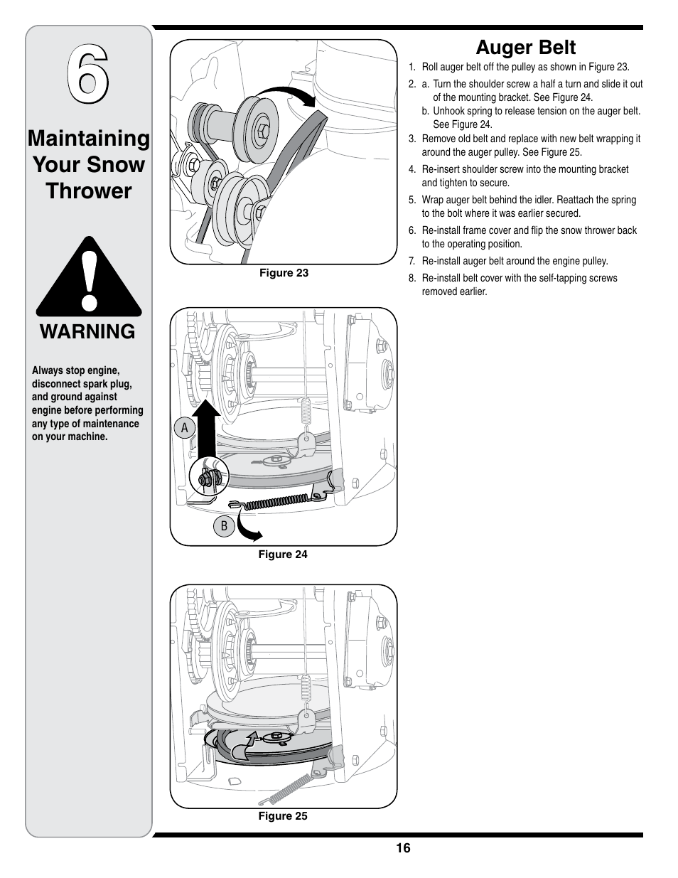 Maintaining your snow thrower, Warning, Auger belt | Cub Cadet SWE 528 User Manual | Page 16 / 28