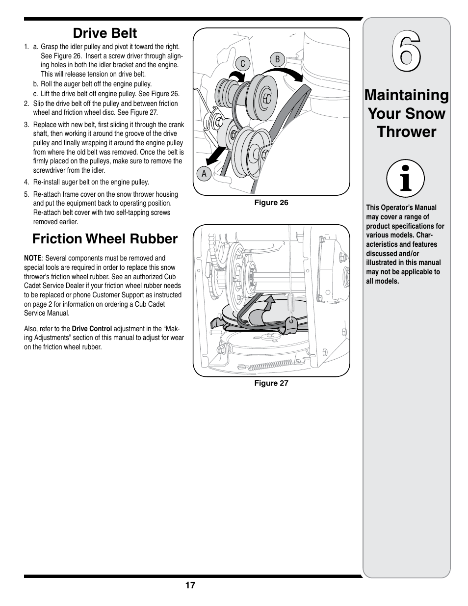 Maintaining your snow thrower, Drive belt, Friction wheel rubber | Cub Cadet SWE 528 User Manual | Page 17 / 28