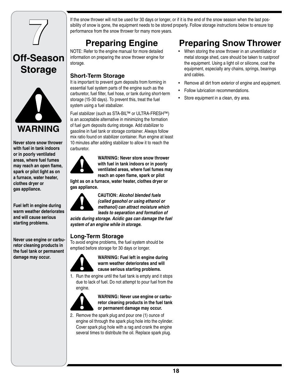 Off-season storage, Preparing engine, Warning preparing snow thrower | Cub Cadet SWE 528 User Manual | Page 18 / 28