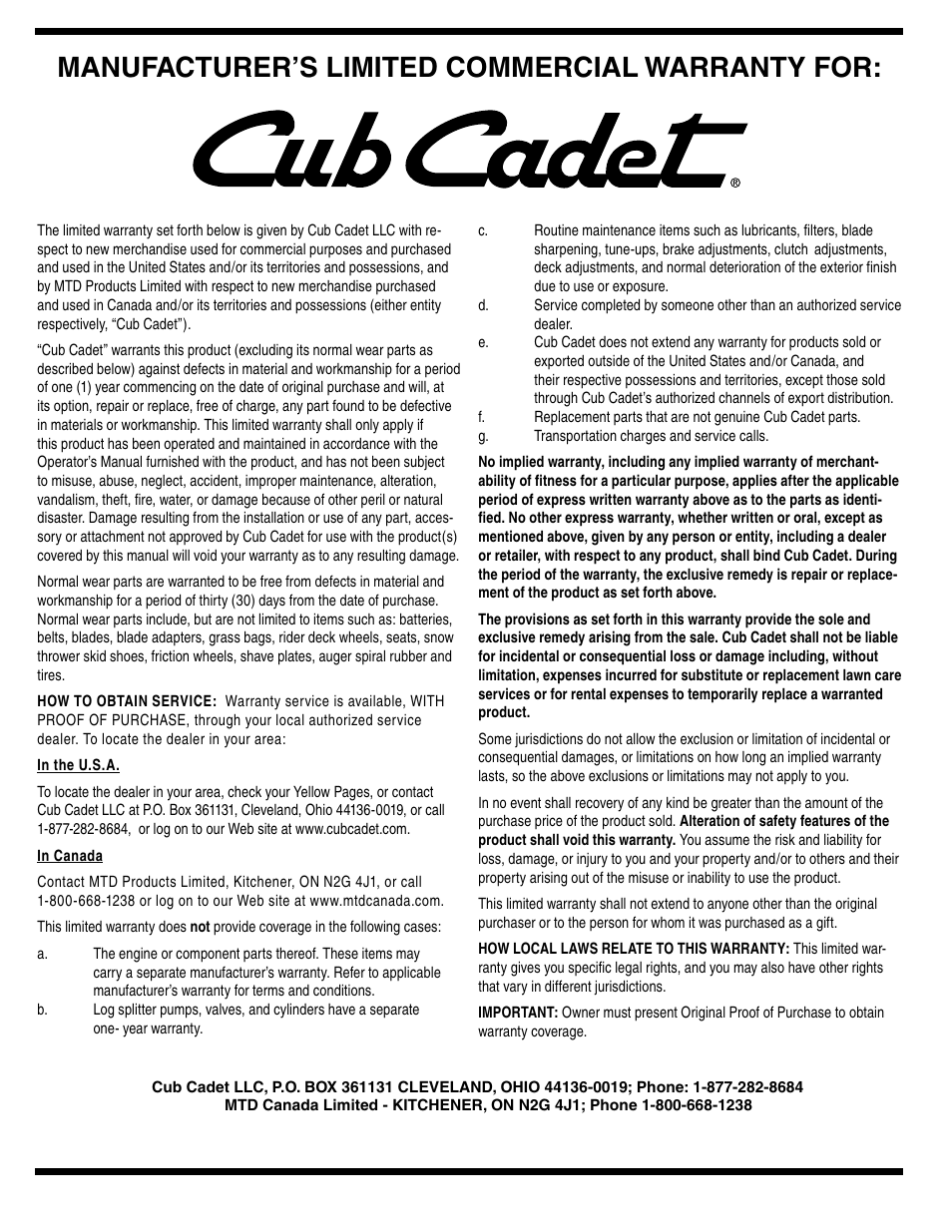 Manufacturer’s limited commercial warranty for | Cub Cadet SWE 528 User Manual | Page 27 / 28
