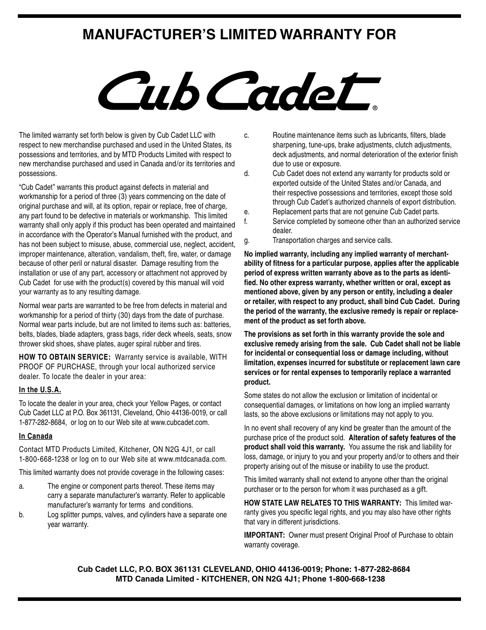 Manufacturer’s limited warranty for | Cub Cadet SWE 528 User Manual | Page 28 / 28