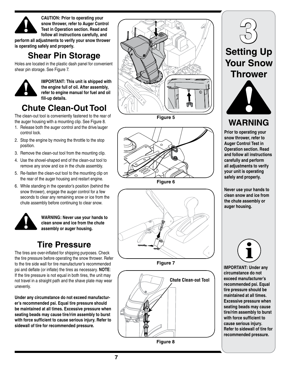 Setting up your snow thrower, Shear pin storage, Chute clean-out tool | Tire pressure, Warning | Cub Cadet SWE 528 User Manual | Page 7 / 28