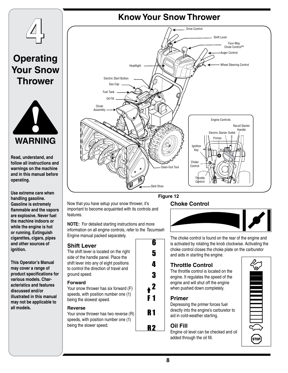 Operating your snow thrower, Know your snow thrower, Warning | Cub Cadet SWE 528 User Manual | Page 8 / 28