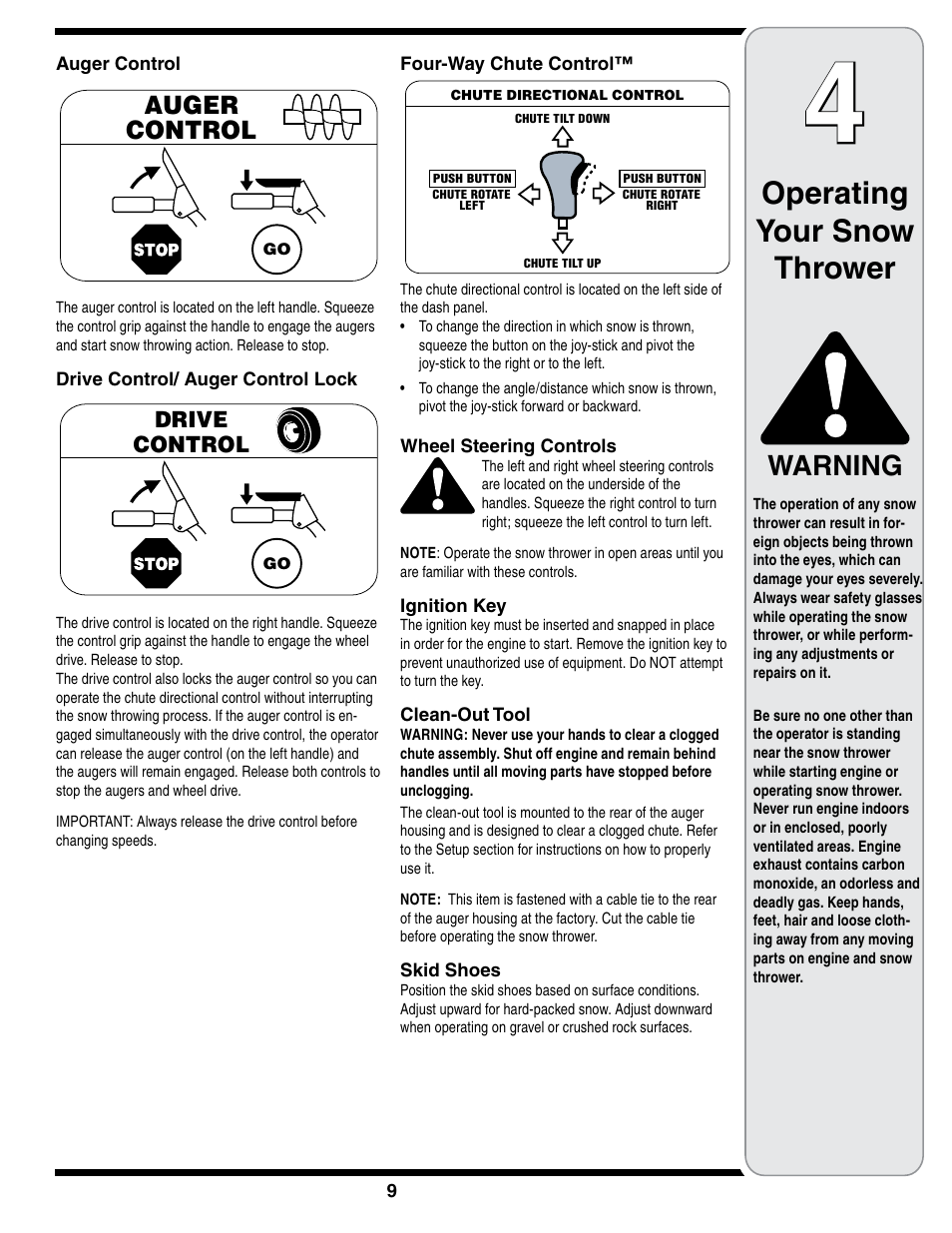 Operating your snow thrower, Warning | Cub Cadet SWE 528 User Manual | Page 9 / 28