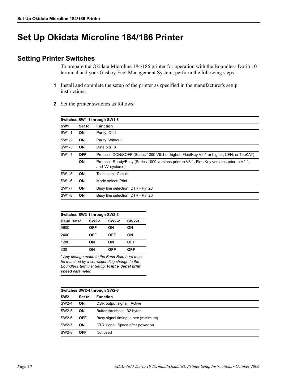 Set up okidata microline 184/186 printer, Setting printer switches, Set the printer switches as follows | Gasboy Dorio 10 User Manual | Page 10 / 12