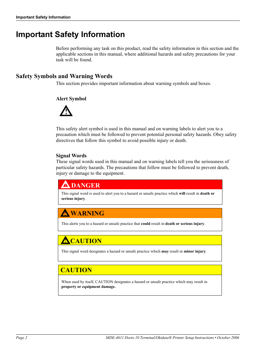 Important safety information, Safety symbols and warning words, Alert symbol | Signal words, Caution, Caution danger warning | Gasboy Dorio 10 User Manual | Page 2 / 12