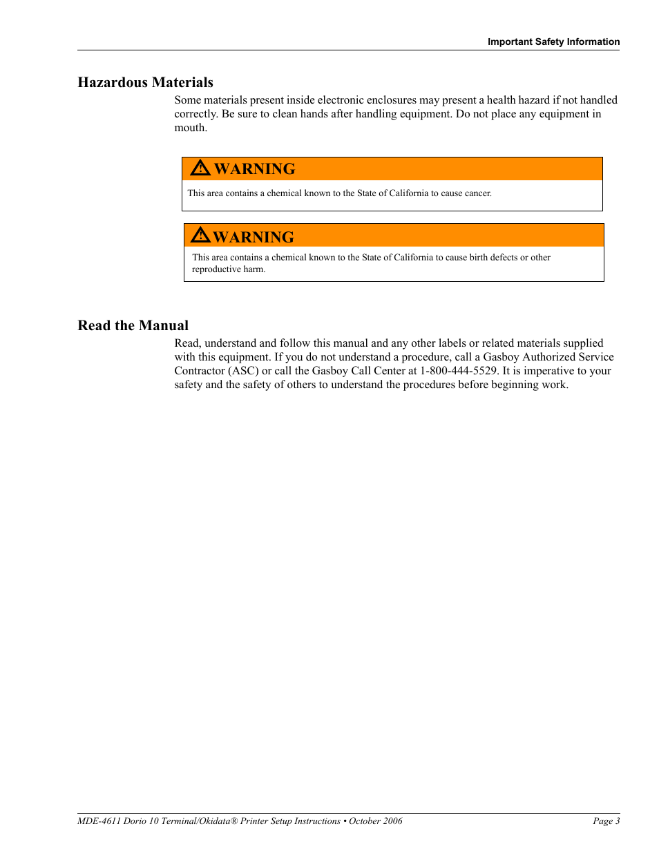 Hazardous materials, Read the manual, Warning | Gasboy Dorio 10 User Manual | Page 3 / 12
