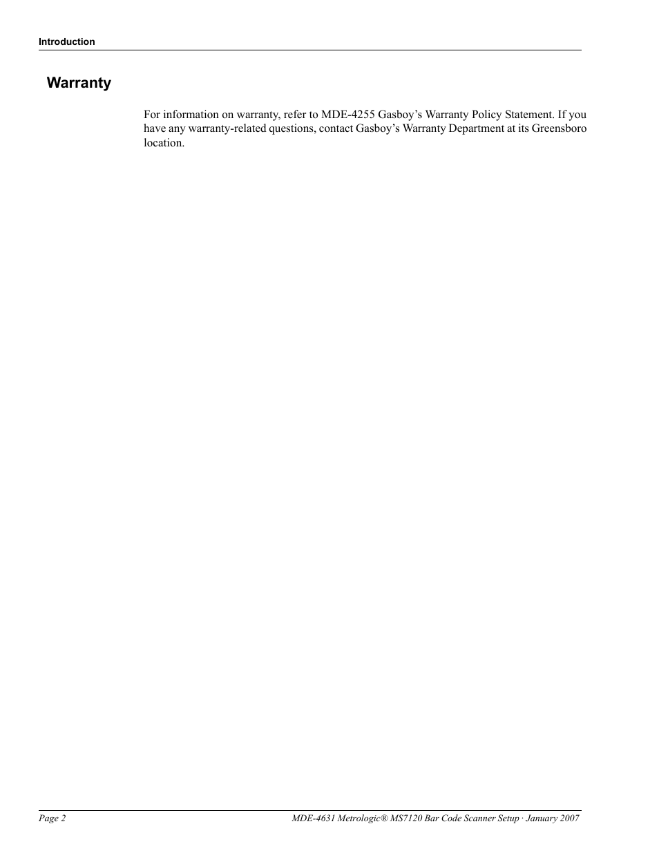 Warranty | Gasboy MS7120 Bar Code Scanner Setup User Manual | Page 2 / 14