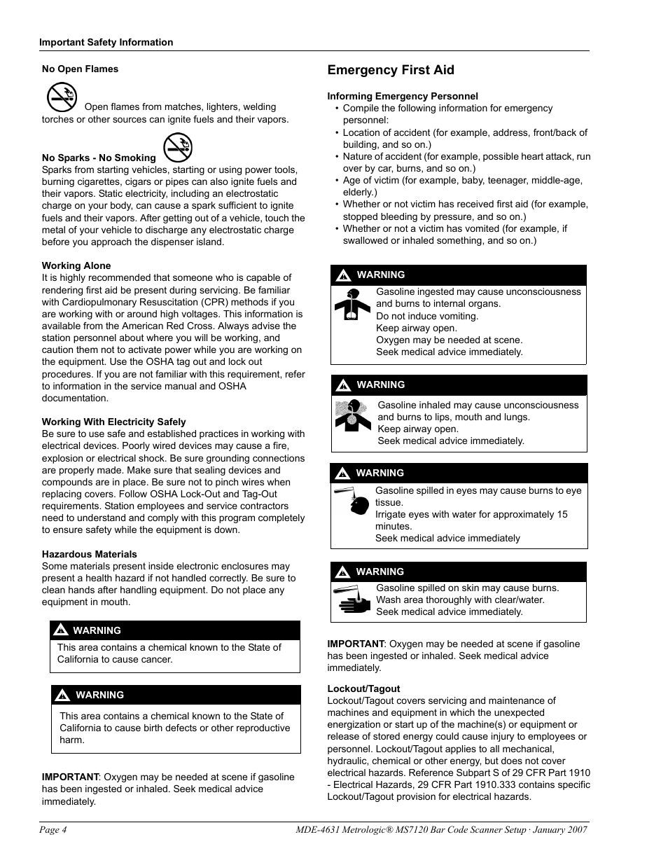 Emergency first aid | Gasboy MS7120 Bar Code Scanner Setup User Manual | Page 4 / 14