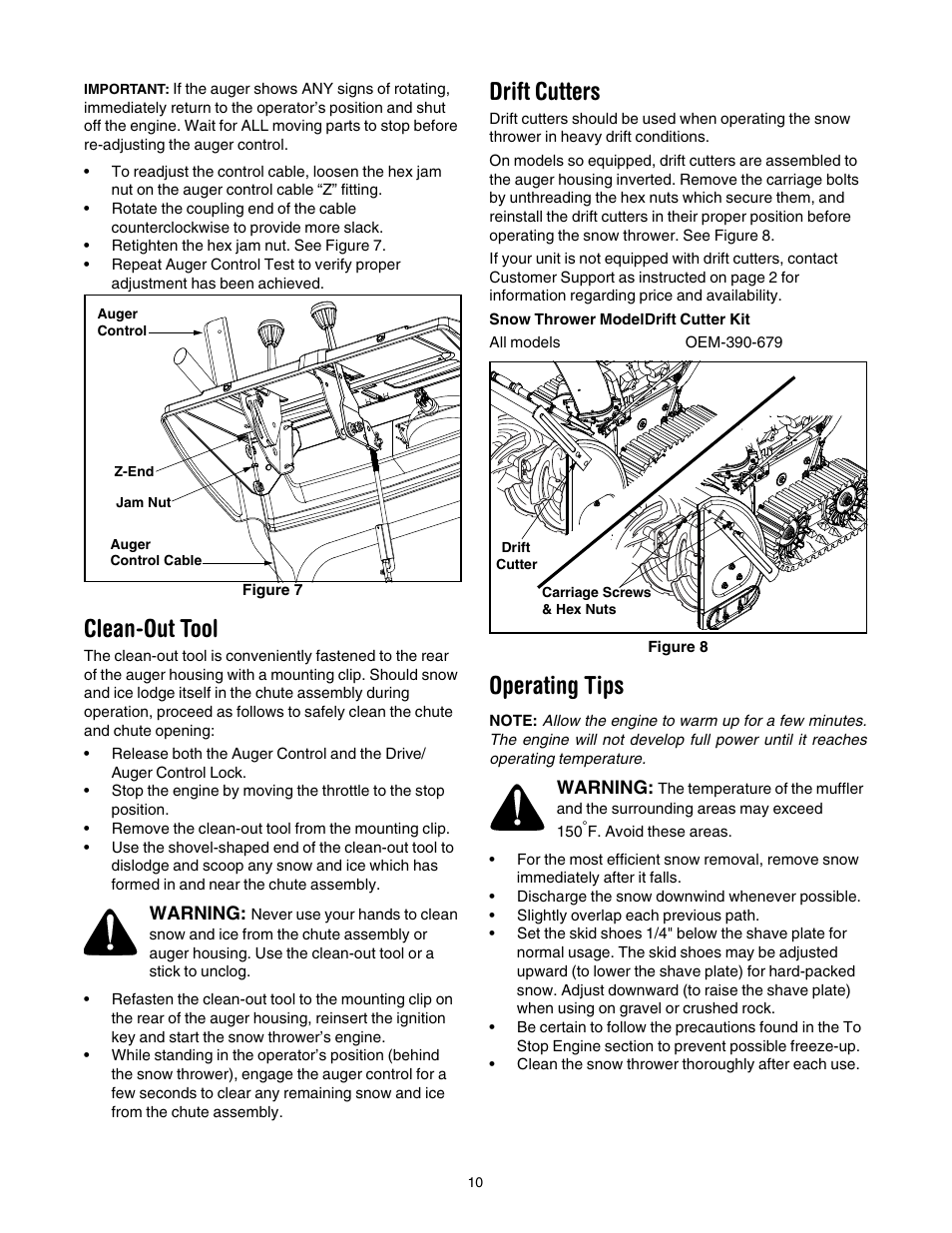 Clean-out tool, Drift cutters, Operating tips | Cub Cadet 730 STE User Manual | Page 10 / 28