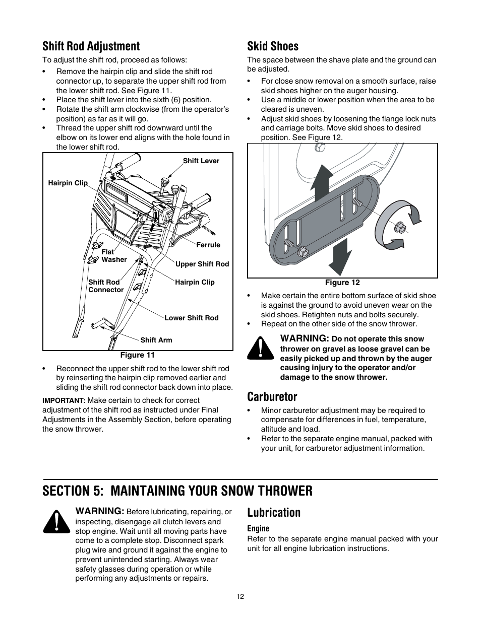 Shift rod adjustment, Skid shoes, Carburetor | Section 5: maintaining your snow thrower, Lubrication | Cub Cadet 730 STE User Manual | Page 12 / 28