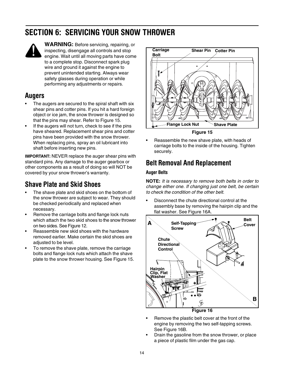 Section 6: servicing your snow thrower, Augers, Shave plate and skid shoes | Belt removal and replacement | Cub Cadet 730 STE User Manual | Page 14 / 28