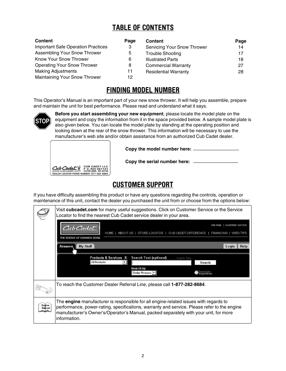 Table of contents finding model number, Customer support | Cub Cadet 730 STE User Manual | Page 2 / 28