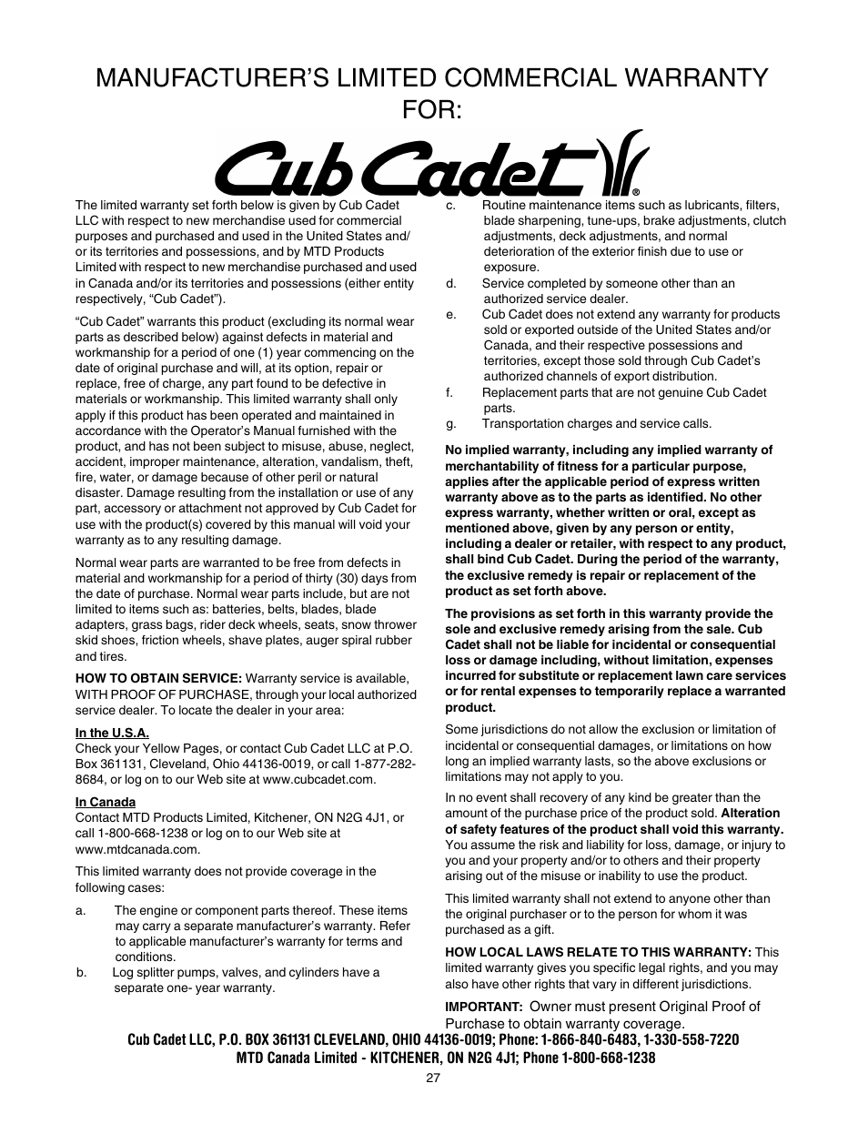 Manufacturer’s limited commercial warranty for | Cub Cadet 730 STE User Manual | Page 27 / 28