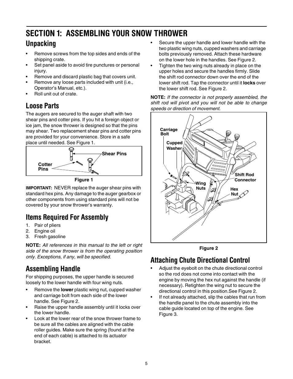 Section 1: assembling your snow thrower, Loose parts, Items required for assembly | Assembling handle, Attaching chute directional control, Unpacking | Cub Cadet 730 STE User Manual | Page 5 / 28