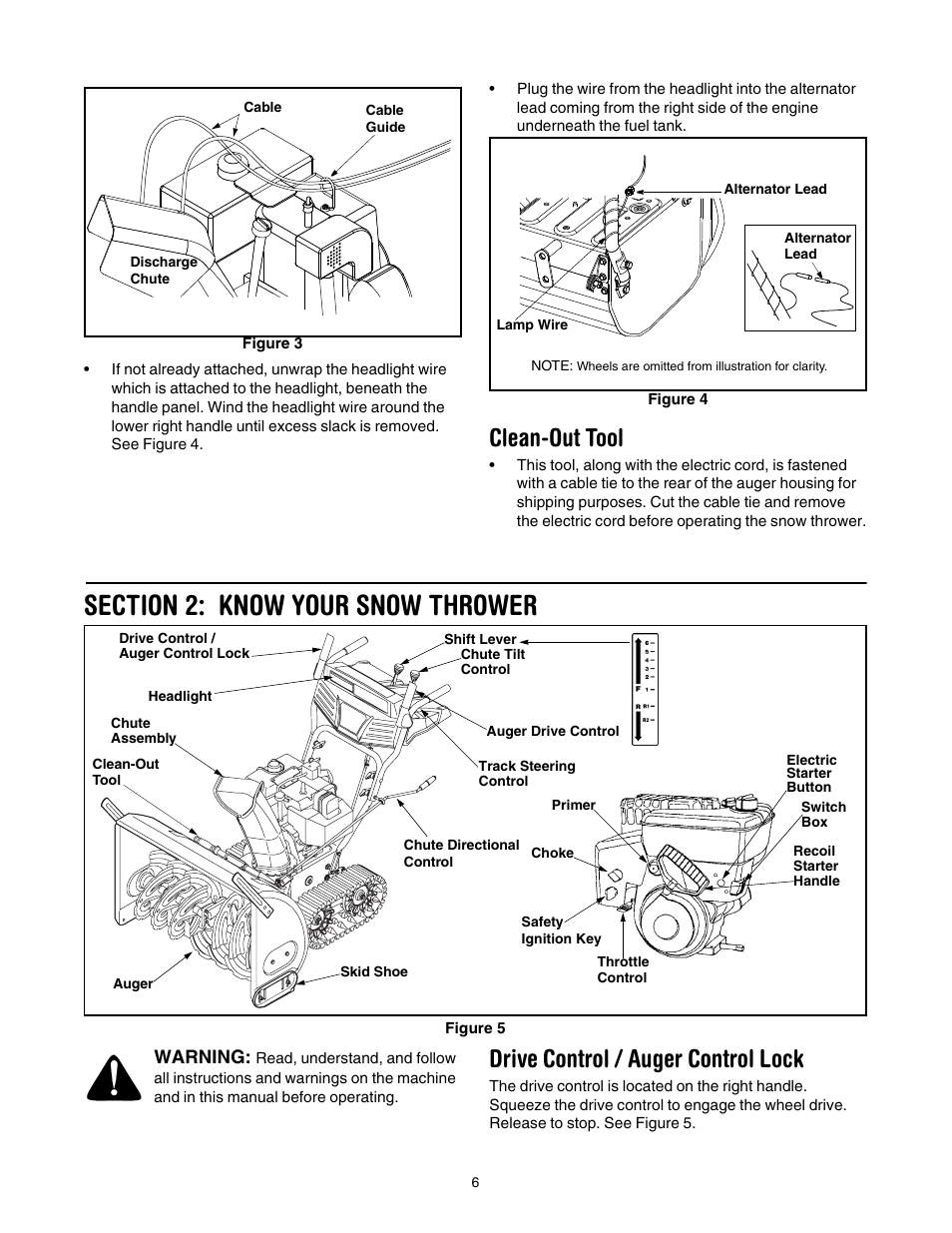 Clean-out tool, Section 2: know your snow thrower, Drive control / auger control lock | Figure 3 | Cub Cadet 730 STE User Manual | Page 6 / 28