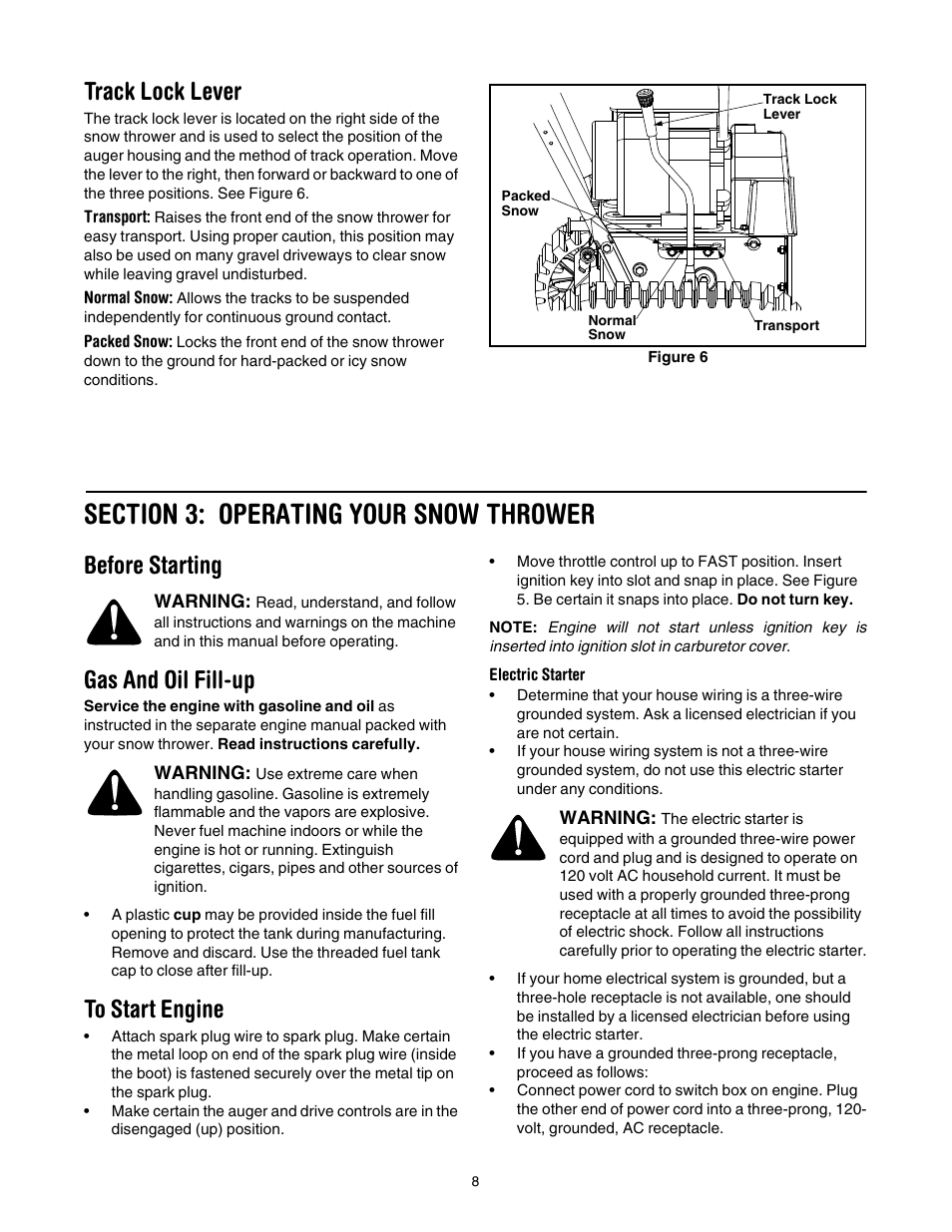 Track lock lever, Section 3: operating your snow thrower, Before starting | Gas and oil fill-up, To start engine | Cub Cadet 730 STE User Manual | Page 8 / 28