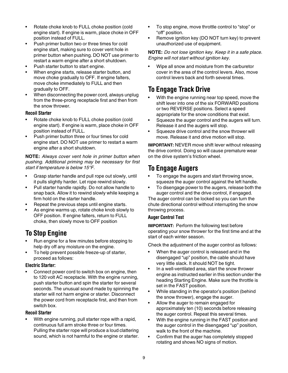 To stop engine, To engage track drive, To engage augers | Cub Cadet 730 STE User Manual | Page 9 / 28