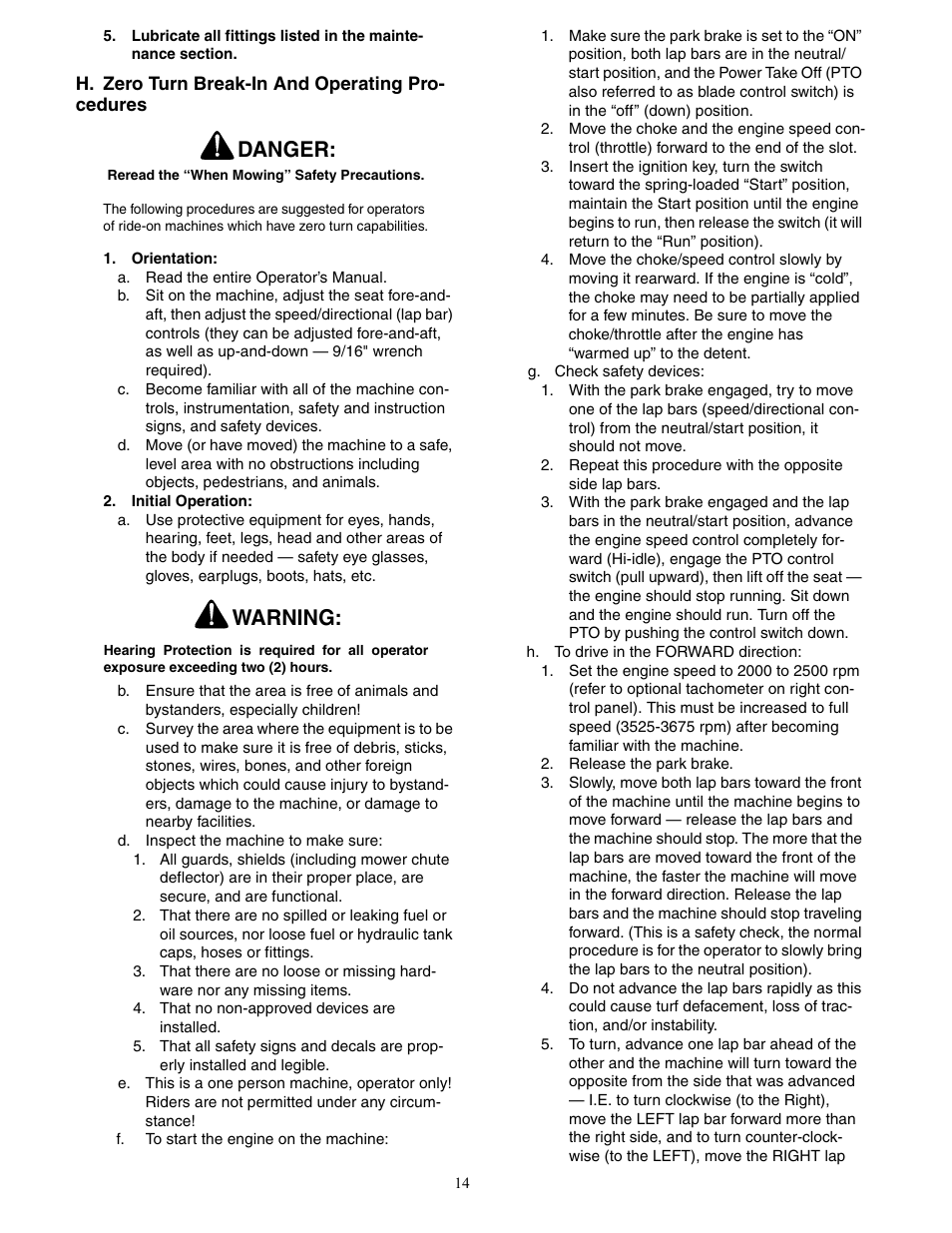 Danger, Warning | Cub Cadet 22HP ENFORCER 48  EN User Manual | Page 14 / 32