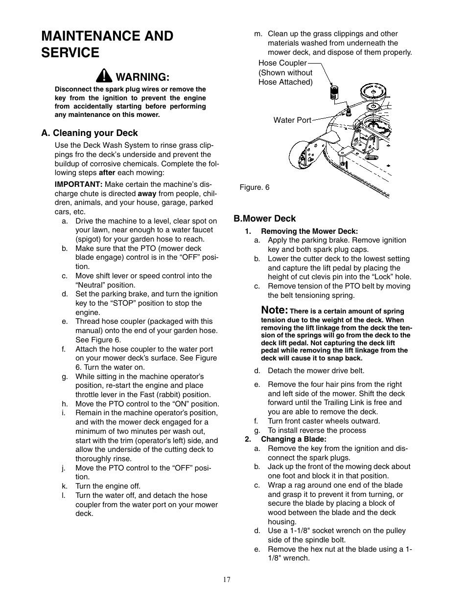 Maintenance and service, Warning | Cub Cadet 22HP ENFORCER 48  EN User Manual | Page 17 / 32