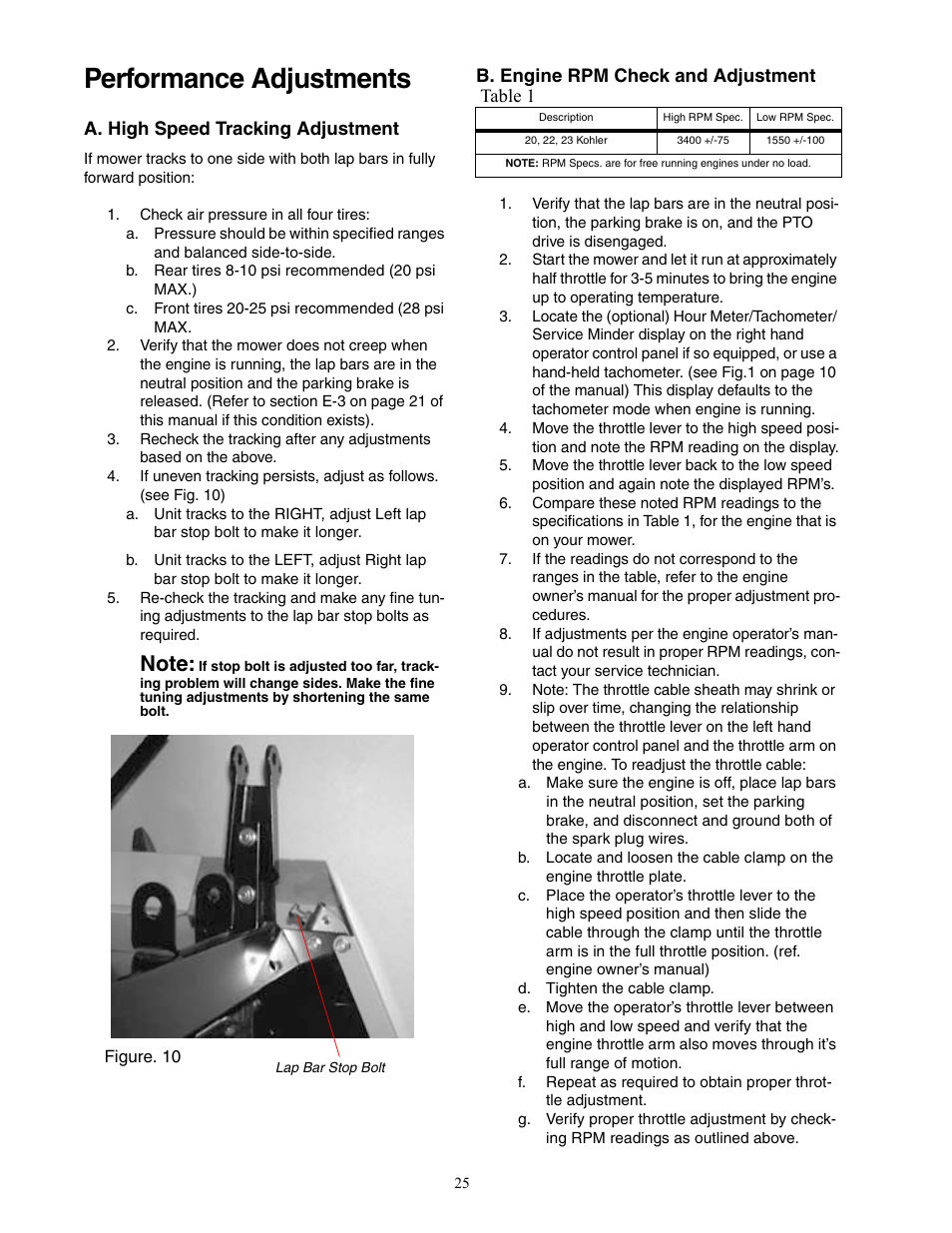Performance adjustments | Cub Cadet 22HP ENFORCER 48  EN User Manual | Page 25 / 32