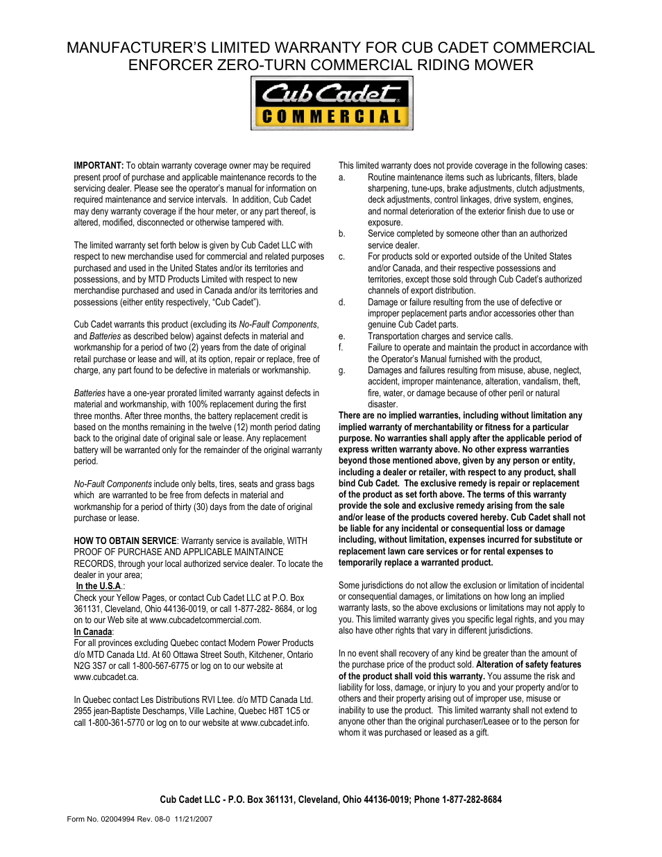 Cub Cadet 22HP ENFORCER 48  EN User Manual | Page 32 / 32