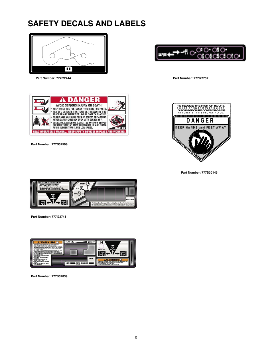 Safety decals and labels | Cub Cadet 22HP ENFORCER 48  EN User Manual | Page 8 / 32