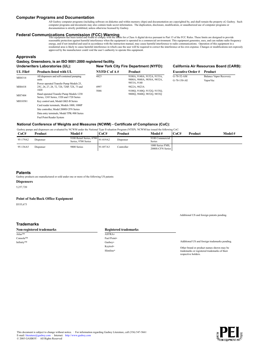 Computer programs and documentation, Federal communications commission (fcc) warning, Approvals patents | Trademarks | Gasboy CFN Islander User Manual | Page 2 / 52