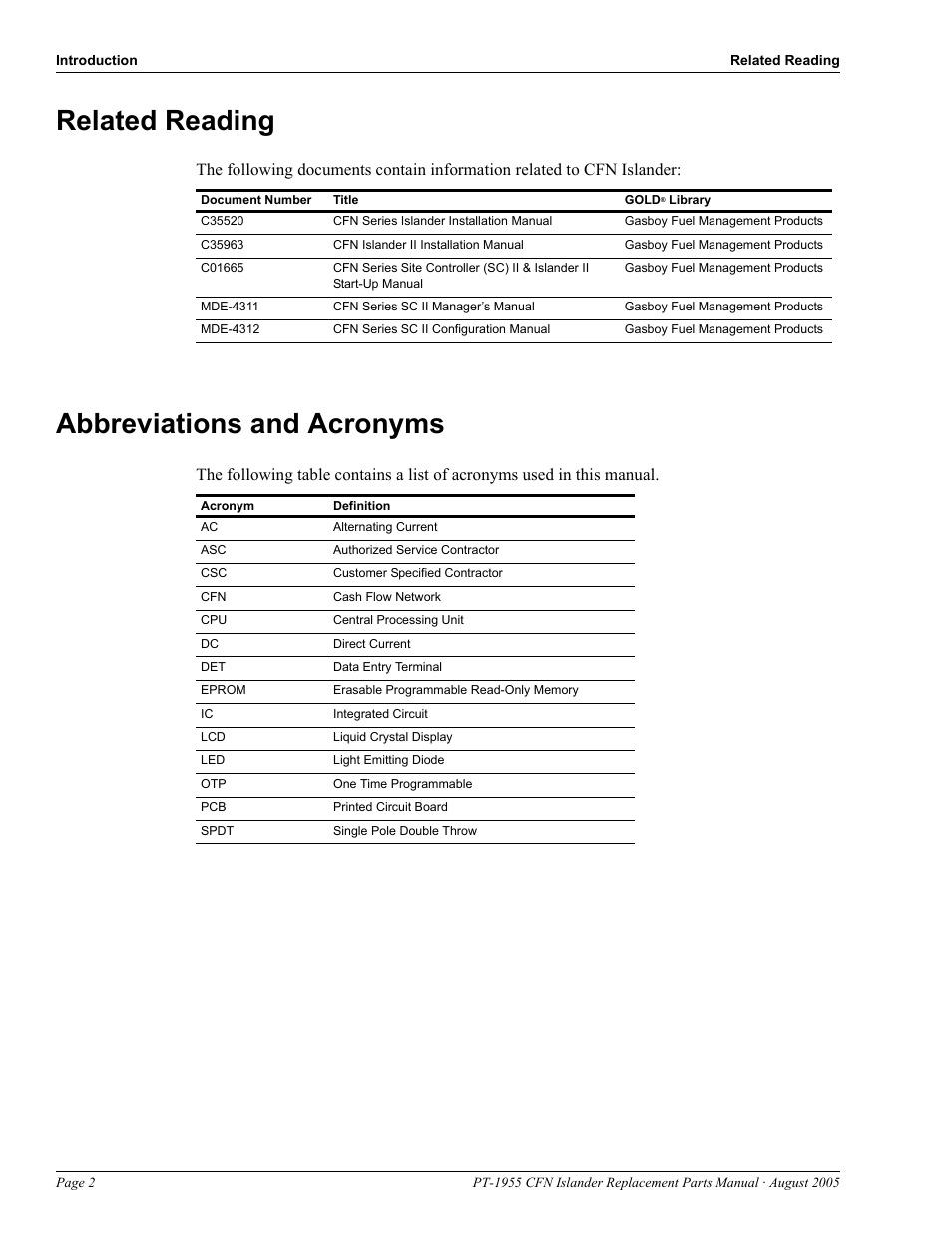 Related reading, Abbreviations and acronyms, Related reading -2 | Abbreviations and acronyms -2 | Gasboy CFN Islander User Manual | Page 6 / 52