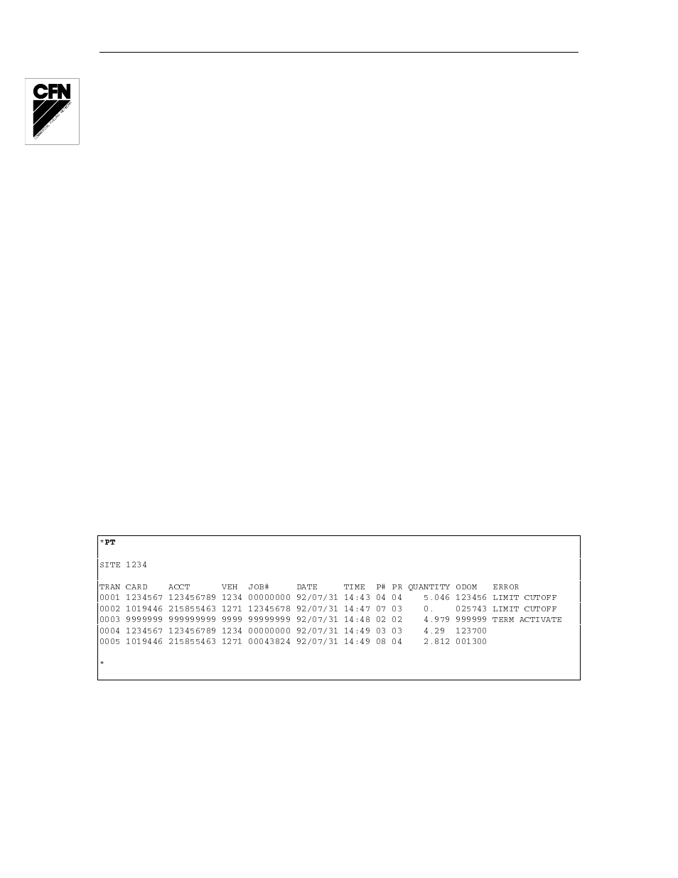 Card validation commands, Transaction headings, Pt - print transactions | Gasboy 1000 Series FMS Operation Manual User Manual | Page 224 / 241