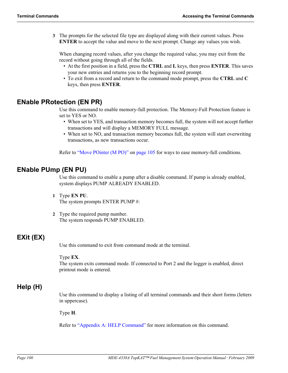 Enable protection (en pr), Enable pump (en pu), Exit (ex) | Help (h) | Gasboy TopKAT Operation Manual User Manual | Page 108 / 160