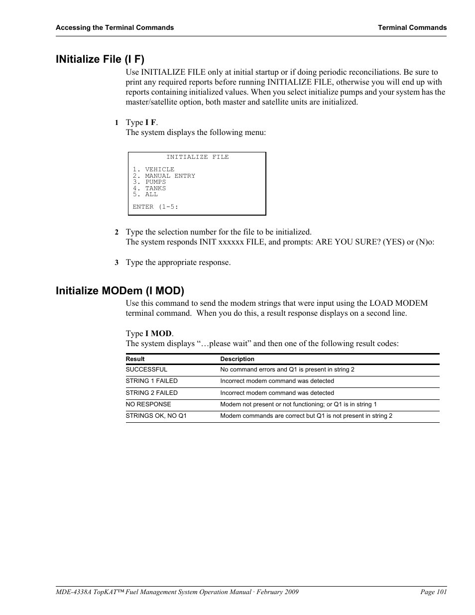 Initialize file (i f), Initialize modem (i mod), Initialize file (i f) initialize modem (i mod) | Gasboy TopKAT Operation Manual User Manual | Page 109 / 160