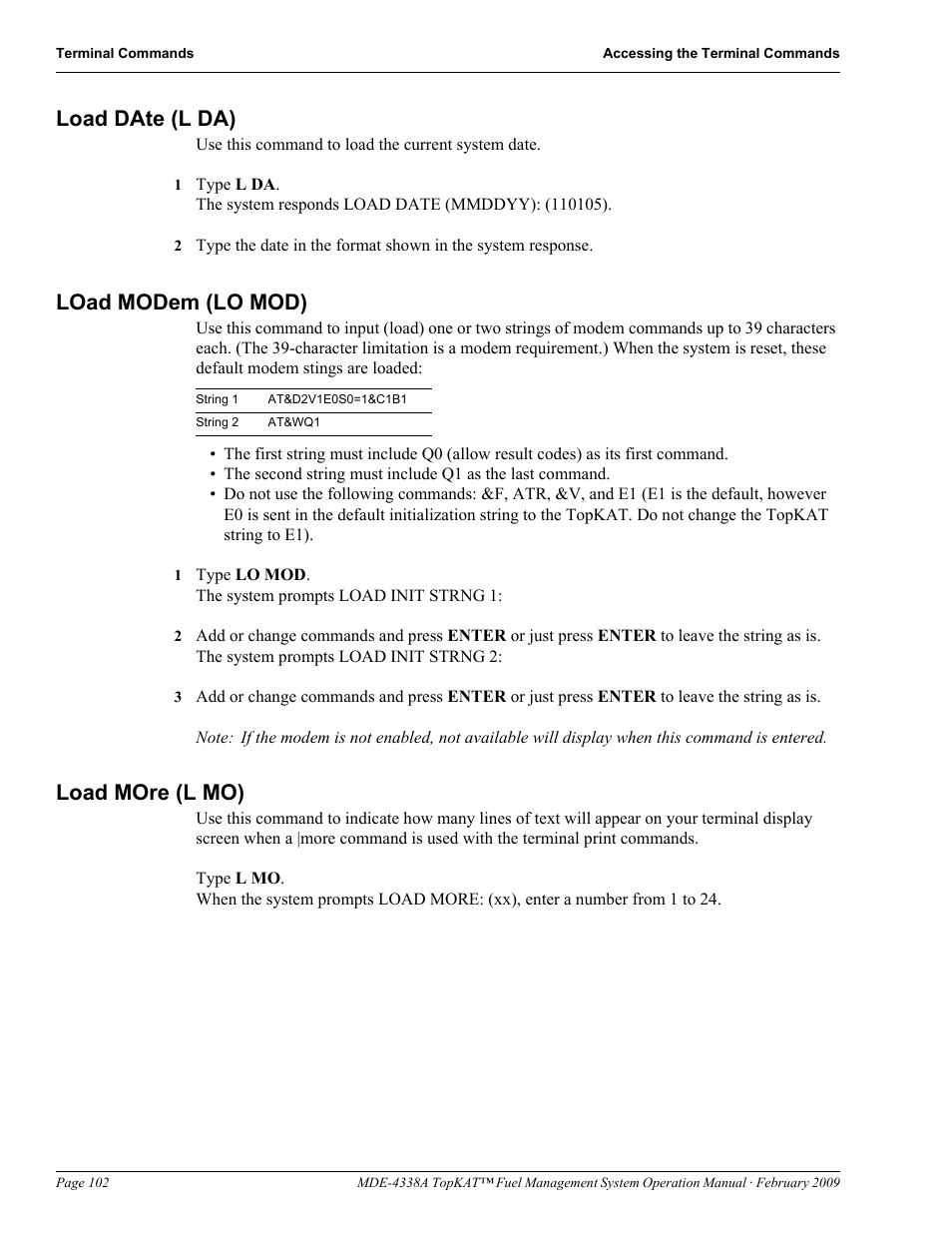 Load date (l da), Load modem (lo mod), Load more (l mo) | Load date (l da) load modem (lo mod) | Gasboy TopKAT Operation Manual User Manual | Page 110 / 160