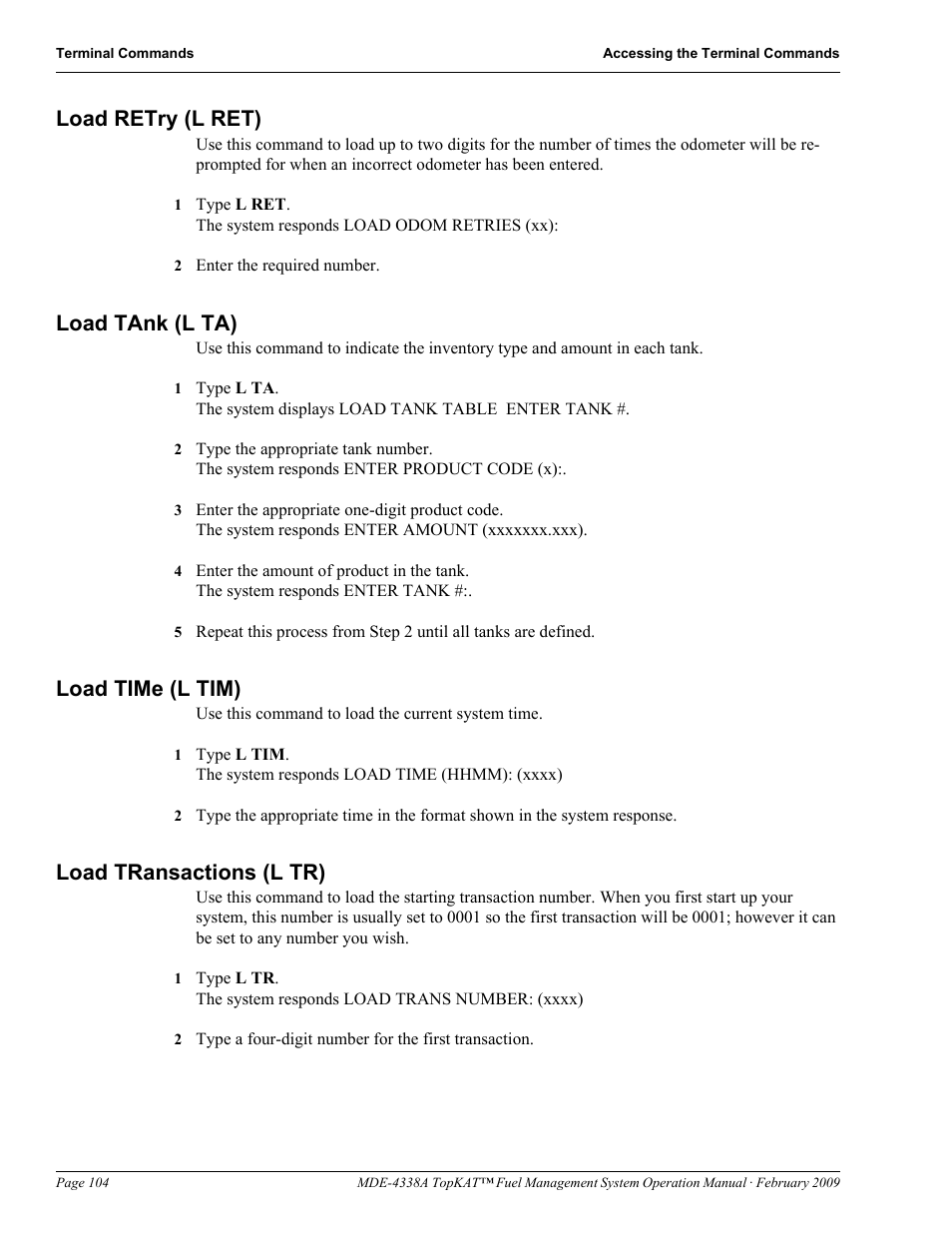 Load retry (l ret), Load tank (l ta), Load time (l tim) | Load transactions (l tr) | Gasboy TopKAT Operation Manual User Manual | Page 112 / 160