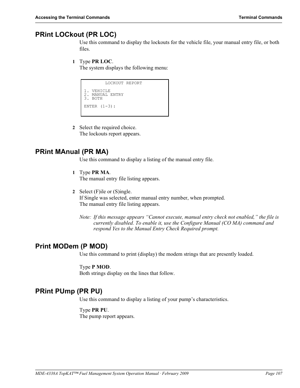 Print lockout (pr loc), Print manual (pr ma), Print modem (p mod) | Print pump (pr pu) | Gasboy TopKAT Operation Manual User Manual | Page 115 / 160