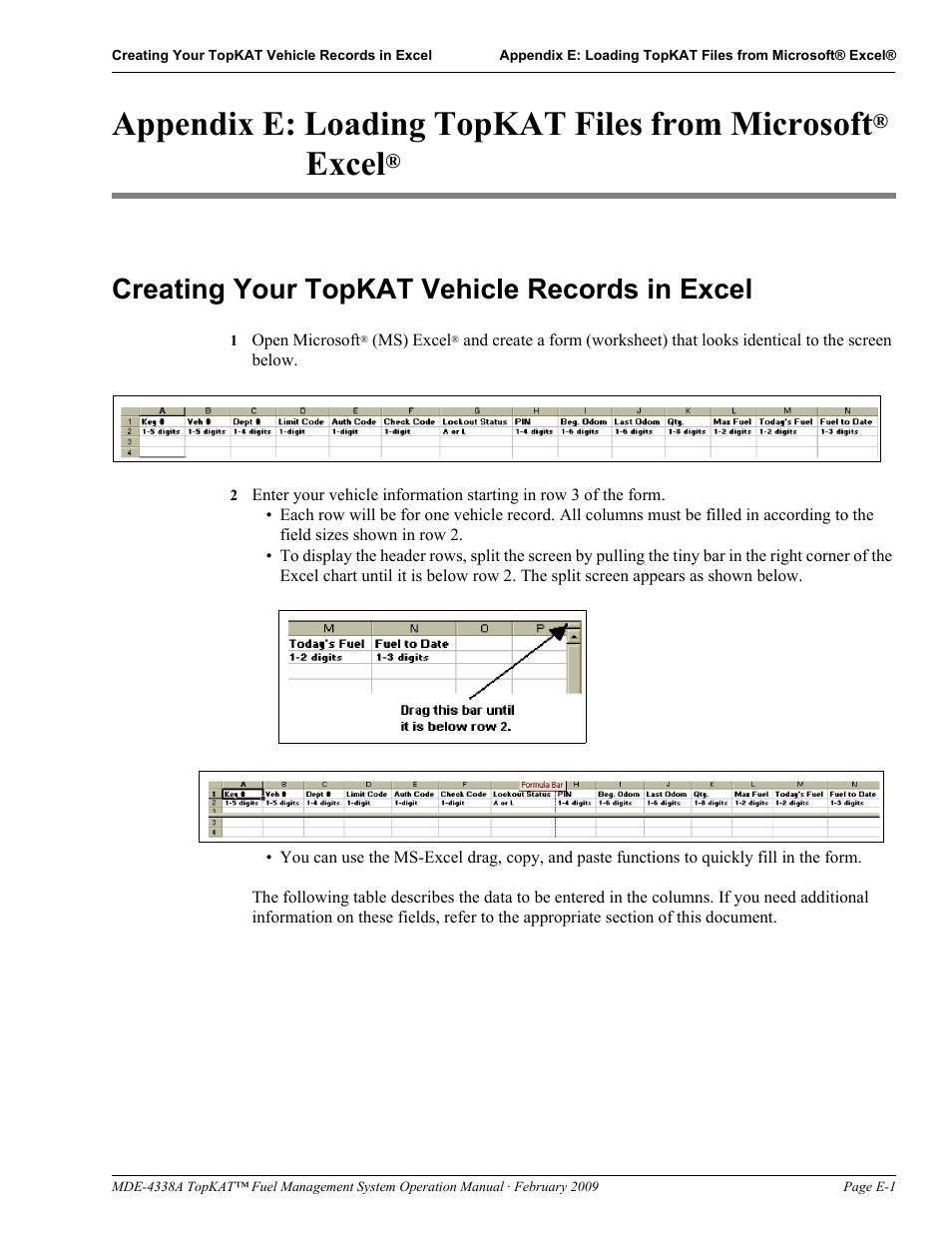 Creating your topkat vehicle records in excel, Appendix e: loading topkat files from microsoft, Excel | Gasboy TopKAT Operation Manual User Manual | Page 141 / 160