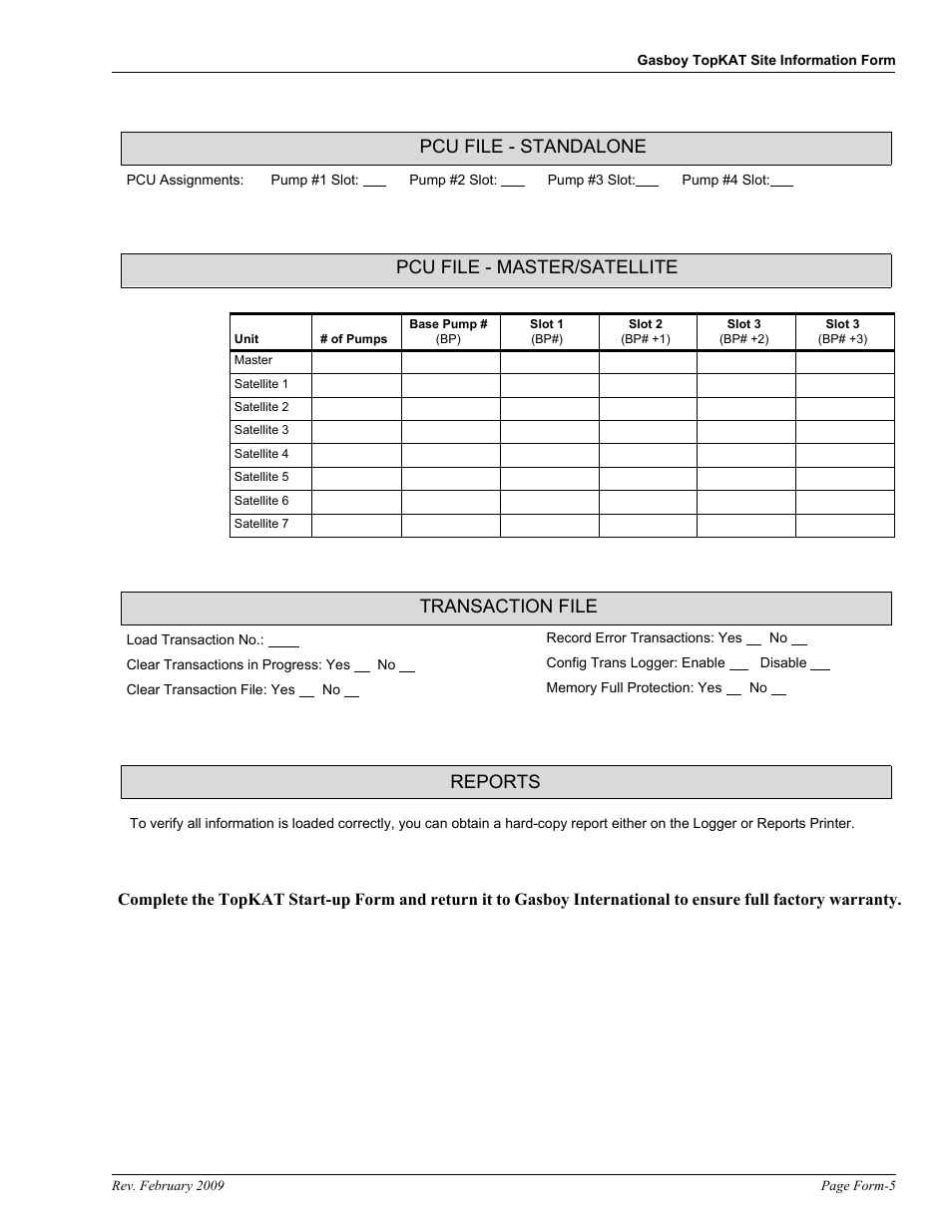 Pcu file - standalone, Pcu file - master/satellite, Transaction file | Reports | Gasboy TopKAT Operation Manual User Manual | Page 155 / 160