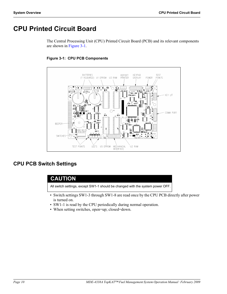 Cpu printed circuit board, Cpu pcb switch settings, Caution | Gasboy TopKAT Operation Manual User Manual | Page 18 / 160