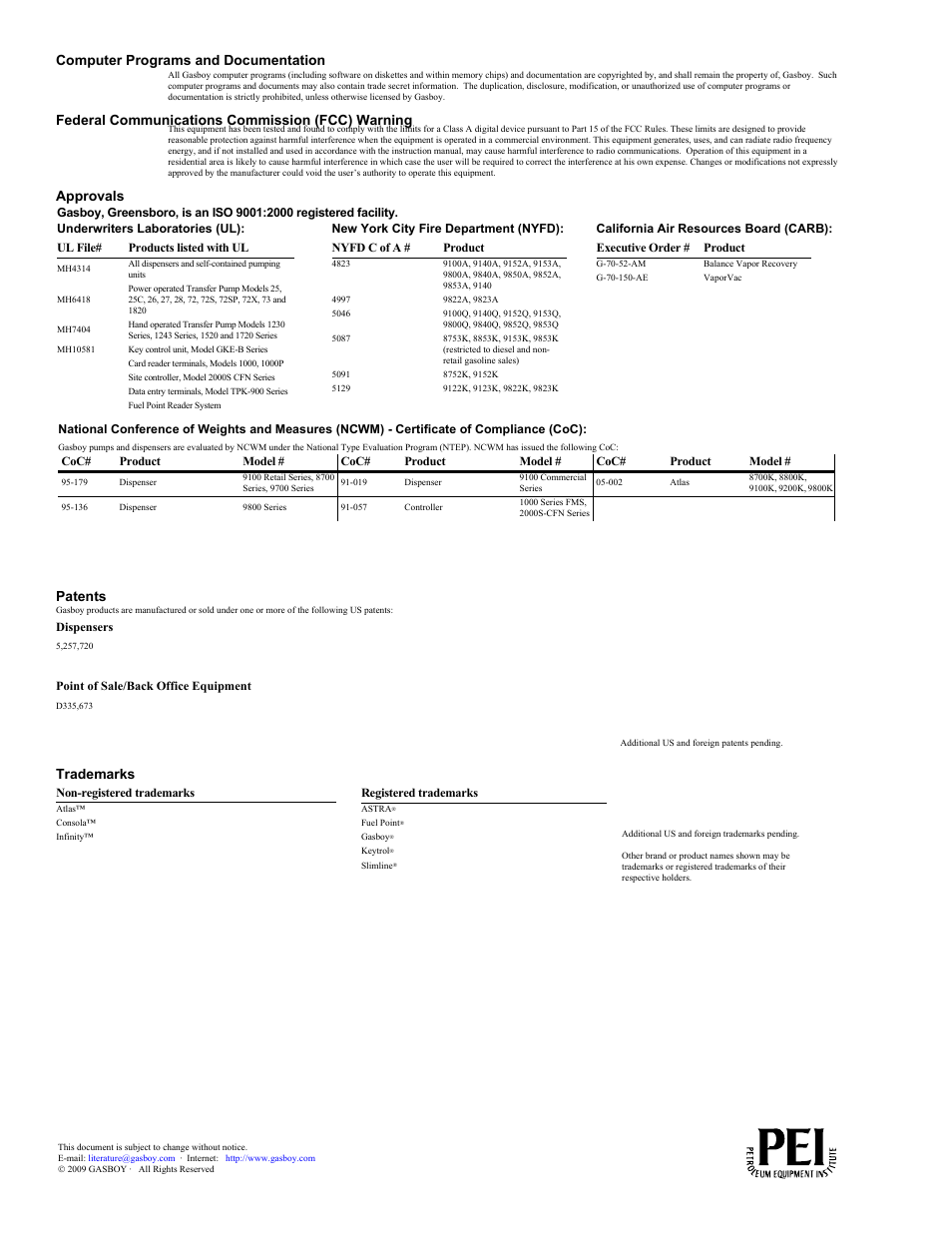 Computer programs and documentation, Federal communications commission (fcc) warning, Approvals patents | Trademarks | Gasboy TopKAT Operation Manual User Manual | Page 2 / 160