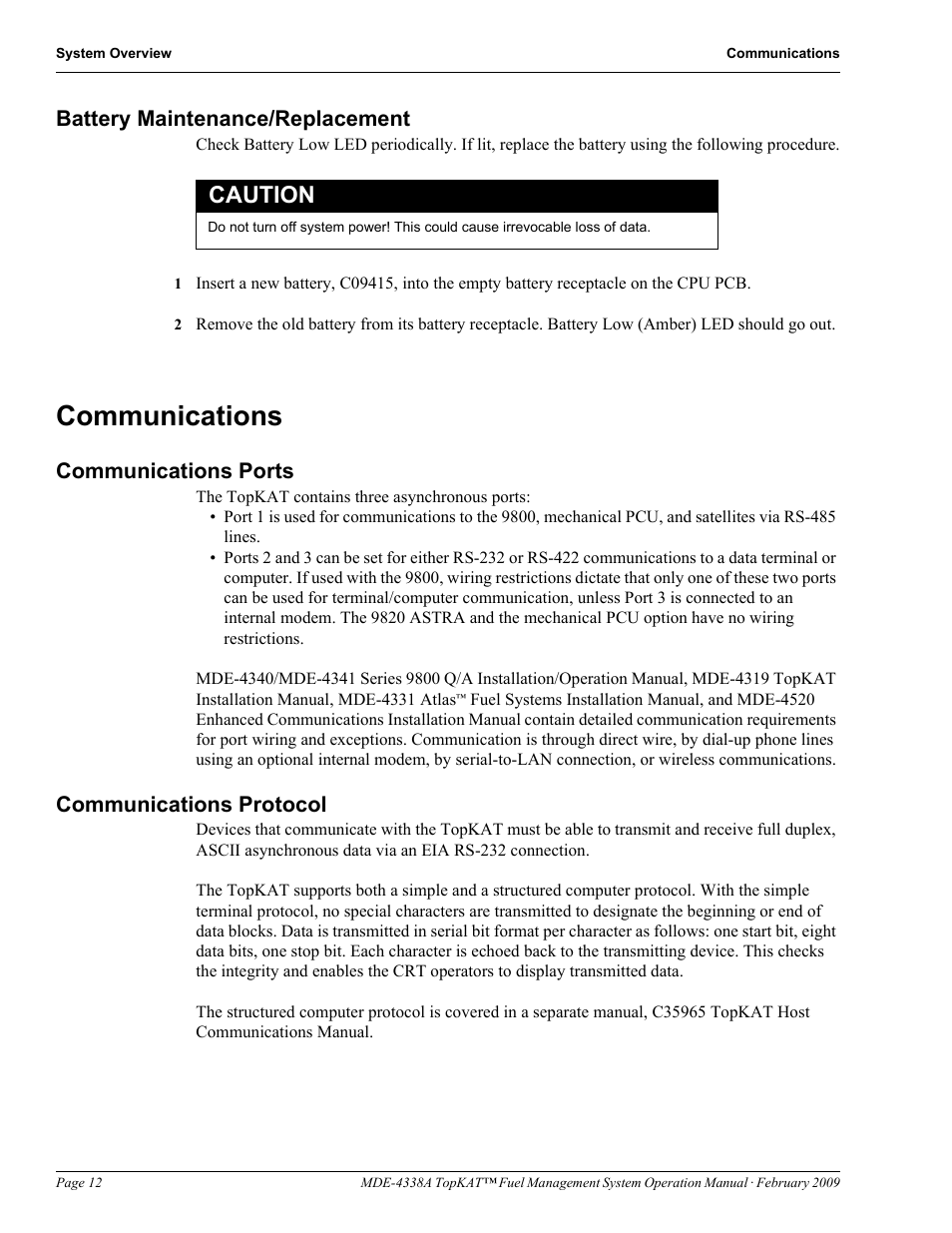 Battery maintenance/replacement, Communications, Communications ports | Communications protocol, Communications ports communications protocol, Caution | Gasboy TopKAT Operation Manual User Manual | Page 20 / 160