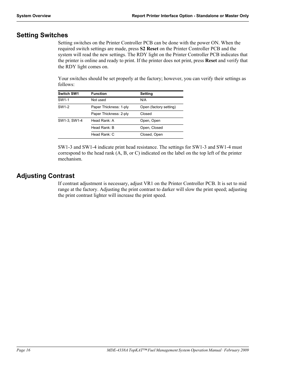 Setting switches, Adjusting contrast, Setting switches adjusting contrast | Gasboy TopKAT Operation Manual User Manual | Page 24 / 160