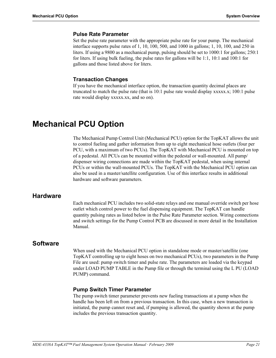 Mechanical pcu option, Hardware, Software | Hardware software | Gasboy TopKAT Operation Manual User Manual | Page 29 / 160