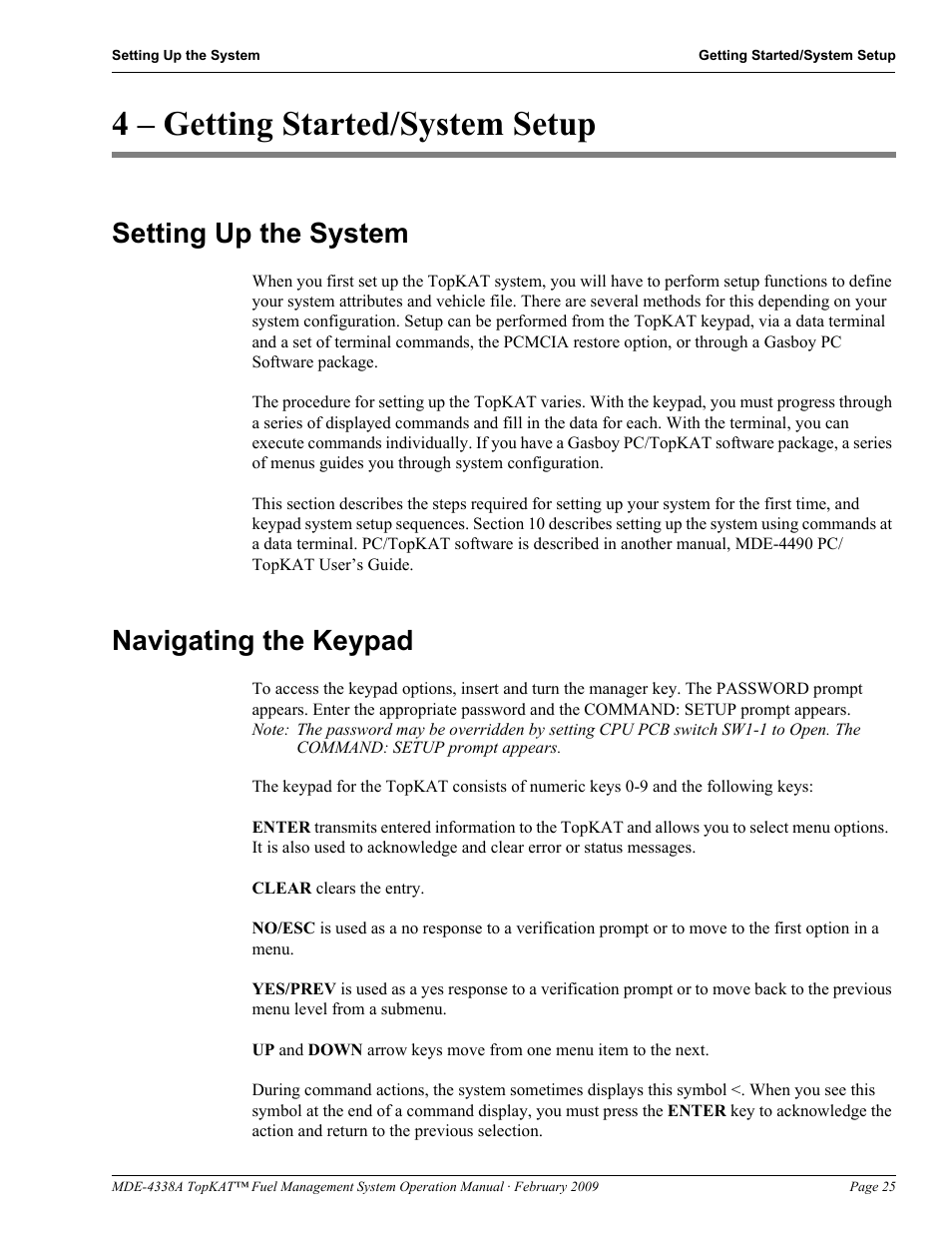 4 - getting started/system setup, Setting up the system, Navigating the keypad | 4 – getting started/system setup, Setting up the system navigating the keypad | Gasboy TopKAT Operation Manual User Manual | Page 33 / 160