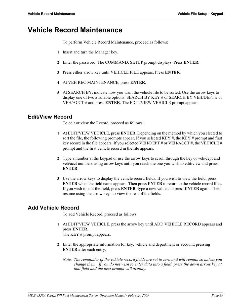Vehicle record maintenance, Edit/view record, Add vehicle record | Edit/view record add vehicle record | Gasboy TopKAT Operation Manual User Manual | Page 47 / 160