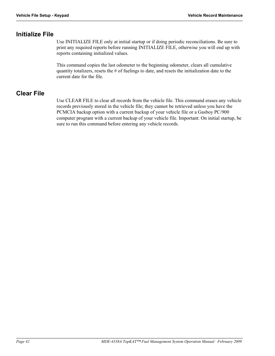 Initialize file, Clear file, Initialize file clear file | Gasboy TopKAT Operation Manual User Manual | Page 50 / 160