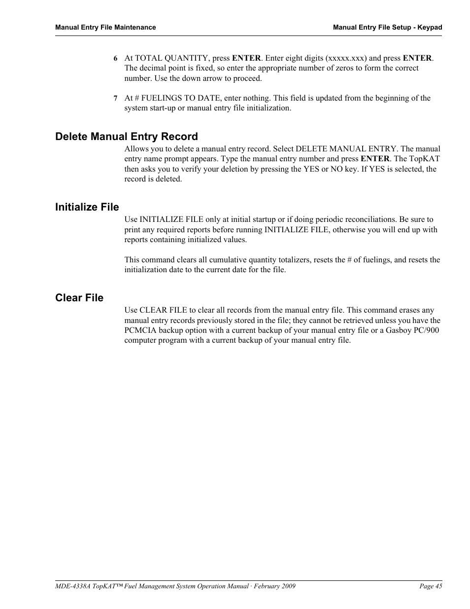 Delete manual entry record, Initialize file, Clear file | Gasboy TopKAT Operation Manual User Manual | Page 53 / 160