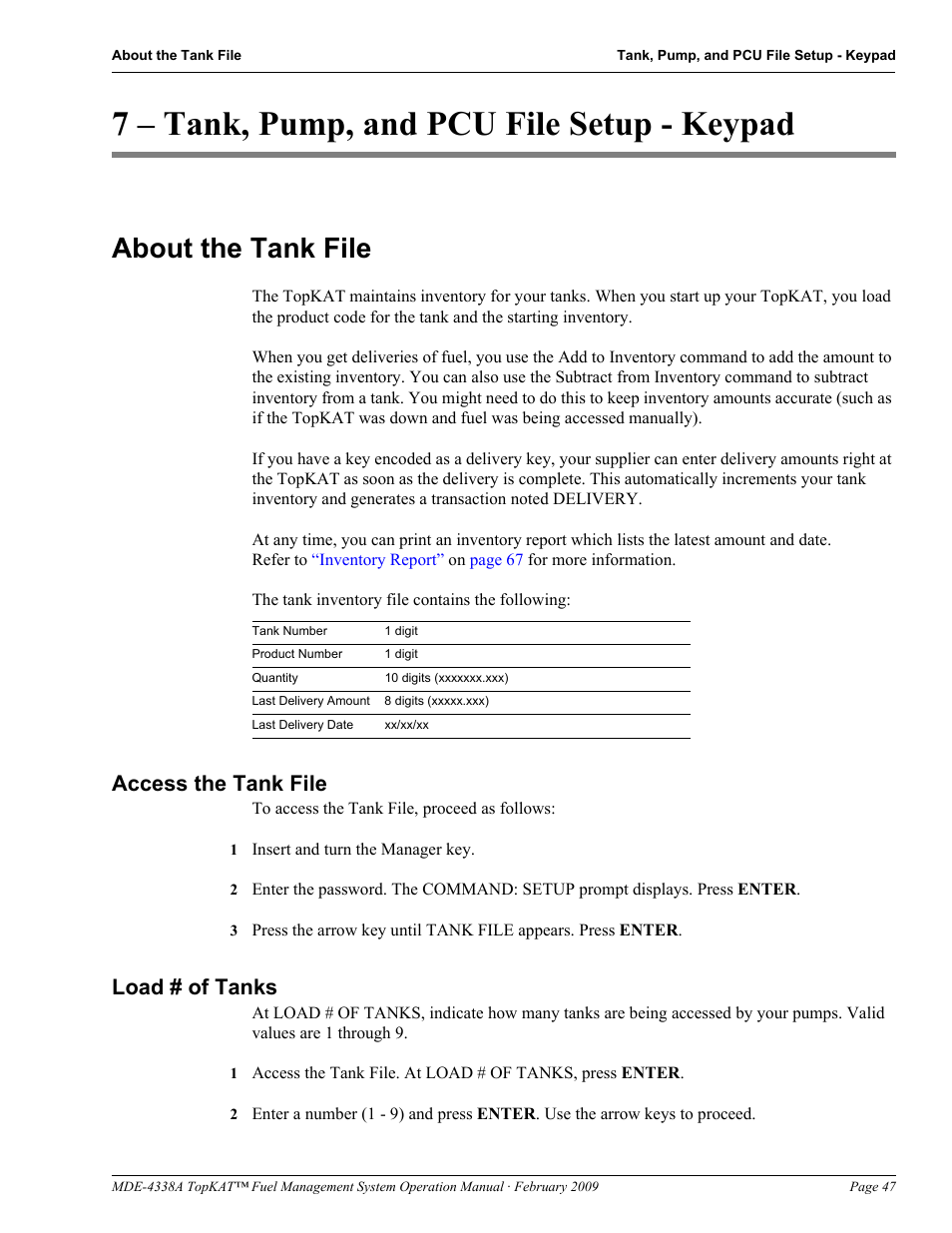 7 - tank, pump, and pcu file setup - keypad, About the tank file, Access the tank file | Load # of tanks, 7 – tank, pump, and pcu file setup - keypad, Access the tank file load # of tanks, Tank, pump, and pcu file setup - keypad, And/or | Gasboy TopKAT Operation Manual User Manual | Page 55 / 160