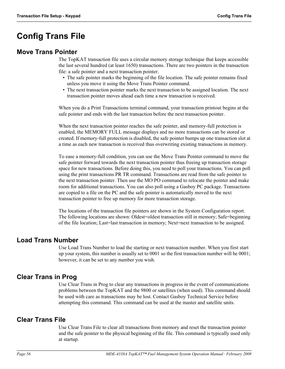 Config trans file, Move trans pointer, Load trans number | Clear trans in prog, Clear trans file | Gasboy TopKAT Operation Manual User Manual | Page 64 / 160