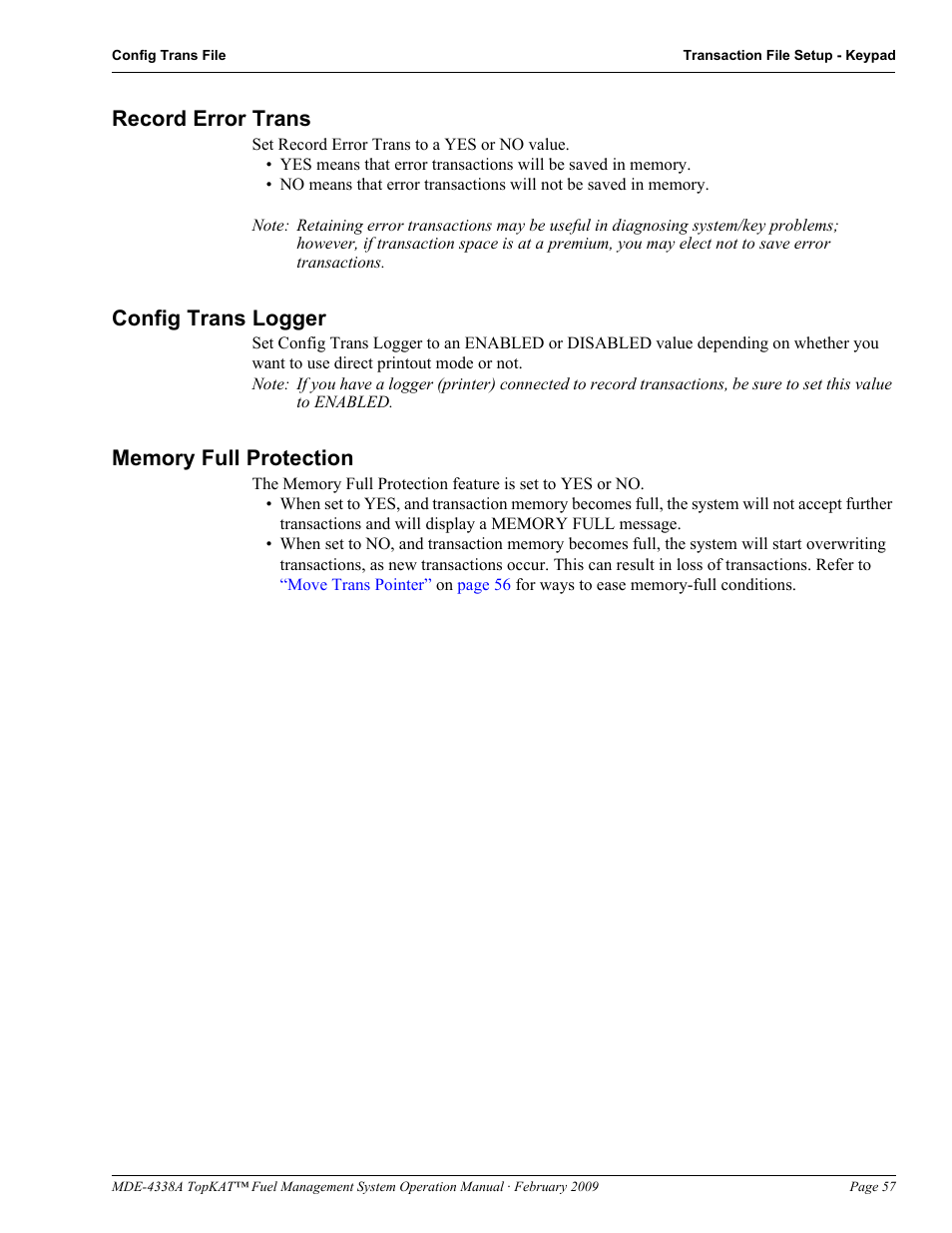 Record error trans, Config trans logger, Memory full protection | Gasboy TopKAT Operation Manual User Manual | Page 65 / 160